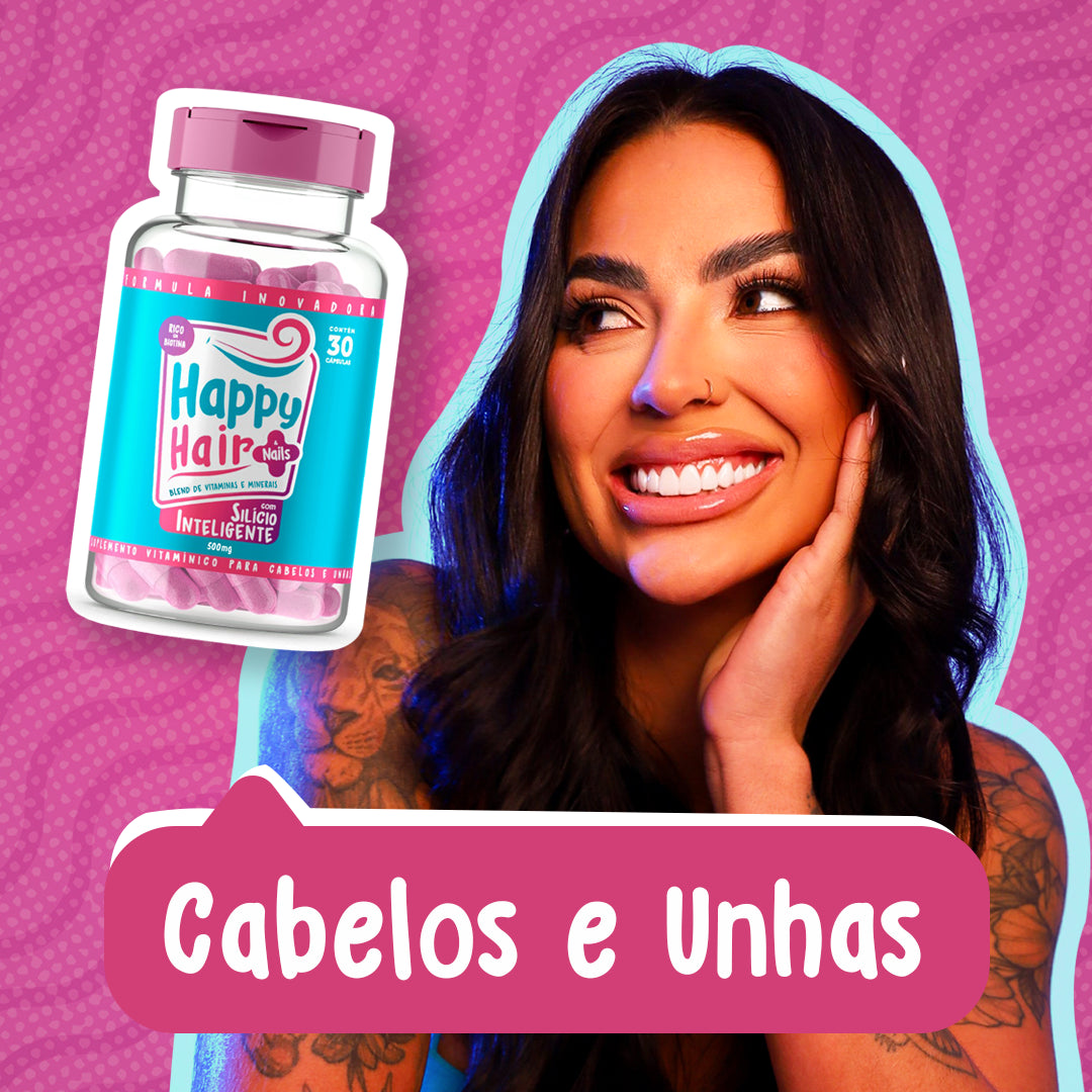 Três frascos do produto Happy Hair para um tratamento completo